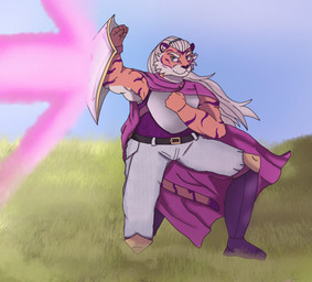 anthro armor armored_boots bent_legs cape clothing female hair kneeling magic muscular muscular_anthro muscular_female outside ponytail protecting shield solo striped_body stripes stardust_strix super_lesbian_animal_rpg jodie_caldwell felid mammal pantherine tiger hi_res