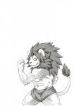 5_fingers abs anthro biceps biped clothed clothing fingers fist fur hair looking_at_viewer male mane muscular muscular_anthro muscular_male pose raised_tail simple_background skimpy smile solo standing tail tail_tuft topless tuft white_background sky_gomi chairoi_tategami felid lion mammal pantherine greyscale hi_res monochrome