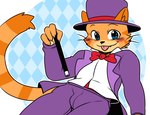 anthro blue_eyes blush blush_lines bow_tie bulge clothing ear_tuft fangs fur hat headgear headwear long_tail looking_at_viewer magic_wand magician magician_hat male markings orange_body orange_fur purple_clothing purple_suit shirt smile solo striped_body striped_fur striped_markings striped_tail stripes suit suit_jacket tail tail_markings teeth tongue tongue_out top_hat topwear tuft undershirt saku1saya giggleland eliot_(giggleland) domestic_cat felid feline felis mammal hi_res