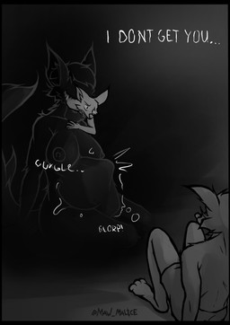 abdominal_bulge anthro belly big_belly big_breasts blorp bodily_noises body_in_mouth breasts dark different_sound_effects digestion_noises feet_first female group imminent_vore kneeling larger_anthro larger_female larger_pred male multiple_prey neck_bulge onomatopoeia oral_vore partially_inside rumbling_stomach size_difference smaller_anthro smaller_male sound_effects struggling struggling_prey swallowing text vore graveyardw0lf canid canine canis fox mammal wolf absurd_res comic hi_res monochrome