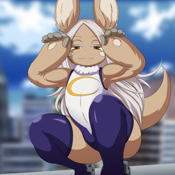 5_fingers ambiguous_gender anthro athletic athletic_ambiguous athletic_anthro brown_body brown_fur cheek_spots city closed_smile clothing cloud cosplay crescent_(shape) crossover_cosplay curled_tail eyebrows eyelashes fingers flesh_fang fur green_eyes hair hands_up huge_thighs inner_ear_fluff legwear leotard lidded_eyes long_hair looking_at_viewer mouth_closed muscular muscular_arms navel_outline pose purple_clothing purple_legwear purple_thigh_highs screencap screencap_background sky smile solo squatting_pose superhero_costume tail thick_thighs thigh_highs thin_eyebrows tight_clothing tuft white_eyelashes white_hair white_inner_ear_fluff smugbuns made_in_abyss my_hero_academia nanachi rumi_usagiyama lagomorph mammal narehate 1:1 absurd_res crossover hi_res