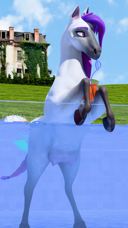beverage crotch_breasts drinking_straw female female_feral feral fur hair hooves nude on_hind_legs outside purple_eyes purple_hair quadruped silly_straw solo swimming_pool teats unguligrade wet wet_body white_body white_fur whorse_3d equid equine horse mammal 3d_(artwork) absurd_res blender_(artwork) digital_media_(artwork) hi_res