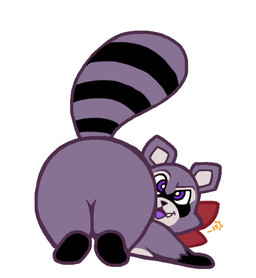 anthro big_butt butt feral fur gloves_(marking) looking_at_viewer male markings nude presenting presenting_hindquarters purple_body purple_eyes purple_fur red_scarf scarf smile snaggle_tooth solo striped_markings striped_tail stripes tail tail_markings teasing sacredsun519 indigo_park rambley_raccoon mammal procyonid raccoon