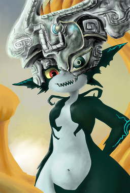 female first_person_view grin grinning_at_viewer hand_behind_back looking_at_viewer looking_down looking_down_at_viewer navel nude sharp_teeth smile smiling_at_viewer solo technically_nude teeth kannari_os nintendo the_legend_of_zelda twilight_princess midna humanoid imp twili hi_res