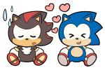 >_< anthro black_body black_fur blue_body blue_fur bodily_fluids chibi clothing duo eyes_closed footwear fur gloves handwear heart_symbol male red_body red_fur shoes simple_background sitting smile sweat sweatdrop white_background sikai sega sonic_the_hedgehog_(series) shadow_the_hedgehog sonic_the_hedgehog eulipotyphlan hedgehog mammal 3:2