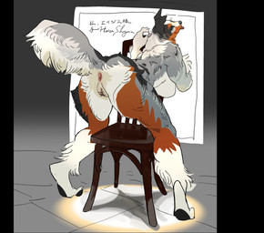 anthro anus blush breasts butt censor_bar chair female floppy_ears folded_ears fur furniture genitals green_eyes grey_body grey_fur humanoid_genitalia humanoid_vulva looking_at_viewer nude nude_anthro nude_female orange_body orange_fur presenting presenting_hindquarters solo tail text tongue tongue_out vulva white_body white_fur harushogun canid canine canis domestic_dog mammal 2025 absurd_res artist_name censored digital_drawing_(artwork) digital_media_(artwork) english_text hi_res japanese_text pillarbox