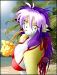 2005 anthro beach beverage bikini breasts canid canine cleavage clothed clothing cloud digital_drawing_(artwork) digital_media_(artwork) eyebrows female fox fur glass hair ice_cube juice_(beverage) long_hair mammal mark_haynes orange_juice outside photo_background photography_(artwork) pivoted_ears purple_eyebrows purple_hair red_bikini red_bikini_top red_clothing red_swimwear sand sea seaside sky solo sonia_(rukaisho) straw_(disambiguation) straw_in_mouth sun_glare swimwear water yellow_body yellow_eyes yellow_fur