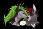 duo fangs female fur green_body green_fur green_hair grey_body grey_fur hair heart_symbol kissing long_canines long_ears love markings red_eyes red_hair sabertooth_(anatomy) smile snout speech_bubble teeth text daxxorous vermillion vex_(alibiwolf) canid canine canis fox hybrid jackal mammal 3:2 alpha_channel hi_res