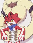 anthro belt carrying_another claws codpiece duo fluffy fur hair hair_over_eyes horn long_ears male ponytail_ears red_body scarf yellow_body yellow_eyes yellow_fur mstdndkkkkk bandai_namco digimon digimon_ghost_game angoramon betelgammamon digimon_(species) lagomorph leporid mammal rabbit 3:4