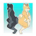 ambiguous_gender anthro ass_to_ass back_to_back countershading crouching duo eyewear floppy_ears glasses looking_at_viewer nude short_tail simple_background tail bran-draws-things bran_(bran-draws_things) goon_(goonie_san) canid canine canis domestic_dog mammal shiba_inu spitz 1:1 digital_media_(artwork) hi_res