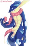 anthro balls bodily_fluids cum cum_drip dripping drooling erection genital_fluids genitals long_tongue male nude penis saliva simple_background solo tongue tongue_out white_background susuoro nintendo pokemon amphibian generation_6_pokemon greninja pokemon_(species) digital_media_(artwork) hi_res