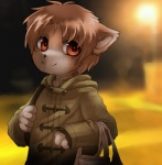 5_fingers anthro bag big_eyes blurred_background brown_body brown_fur brown_hair claws clothing coat fingers fur hair holding_object looking_at_viewer male night outside red_eyes shopping short_hair smile solo topwear young young_anthro young_male miri domestic_cat felid feline felis mammal hi_res