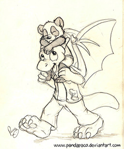 anthro bottomwear carrying_another claws clothed clothing duo finger_claws glistening glistening_eyes logo looking_up male membrane_(anatomy) membranous_wings on_shoulders open_clothing open_mouth open_smile open_topwear pants pawpads simple_background smile text topwear walking wings young young_anthro young_male pandapaco mythology nemorio bear dragon giant_panda mammal mythological_creature mythological_scalie scalie 2015 5:6 artist_logo monochrome signature sketch url