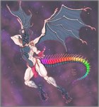 anthro arm_outstretched bottomwear bulge claws clothing cloud fangs flying glowing glowing_eyes hand_behind_head horn inviting loincloth looking_at_viewer male multicolored_body multicolored_scales multicolored_tail pupils rainbow_tail raised_arm red_clothing red_underwear scales solo space spiked_tail spikes spikes_(anatomy) star tail teeth two_tone_body underwear white_body white_pupils wings yellow_eyes zero_gravity psychomittens european_mythology mythology nighttide_draco alien dragon mythological_creature mythological_scalie reptile scalie western_dragon hi_res