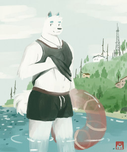 abs anthro arm_tuft barazoku beach clothed clothing clothing_lift detailed_background dog_tags ear_piercing ear_ring elbow_tuft eyebrow_slit eyebrows fluffy fluffy_tail fur inflatable inner_tube male partially_submerged piercing pointy_ears ring_piercing shirt simple_eyes snout solo standing swimming_trunks swimwear tail tank_top topwear tuft white_body white_fur w0lfi unnamed_character canid canine mammal 5:6 digital_media_(artwork) digital_painting_(artwork) hi_res painting_(artwork) portrait three-quarter_portrait