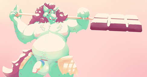 anthro belly big_belly bodily_fluids brown_hair candy chocolate dessert food front_view fur genital_fluids genitals glistening glistening_eyes green_body green_fur hair half-erect holding_food holding_object humanoid_genitalia humanoid_penis male moobs nipples nude overweight overweight_anthro overweight_male penis pink_nipples precum precum_string smile solo standing teeth waffle yellow_eyes chocolateandmilk mythology dragon mythological_creature mythological_scalie scalie hi_res portrait three-quarter_portrait