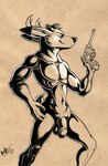 anthro antlers balls circumcised flaccid genitals gun hand_on_hip handgun holding_gun holding_object holding_ranged_weapon holding_weapon horn ink looking_aside male muscular muscular_male nude penis ranged_weapon revolver solo weapon boneitis deer mammal new_world_deer white-tailed_deer 2020 charcoal_(artwork) signature traditional_media_(artwork)