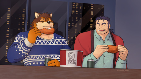 anthro chicken_meat christmas_clothing christmas_sweater christmas_topwear city city_background clothing countershading duo eating food fried_chicken holidays kfc_bucket male meat sweater topwear rongjie_mini christmas kfc lifewonders live_a_hero barrel_(live_a_hero) detective_gammei canid canine canis human mammal wolf 16:9 hi_res widescreen