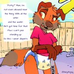 anthro blue_diaper bodily_fluids brown_body brown_fur brown_nose cheek_tuft clothed clothing dialogue diaper dipstick_tail facial_tuft floppy_ears front_view fur genital_fluids glistening glistening_eyes glistening_nose gloves_(marking) grey_body grey_fur looking_aside male markings open_mouth orange_body orange_fur outside pattern_diaper red_clothing red_eyes red_shirt red_t-shirt red_tongue red_topwear shirt solo speech_bubble standing t-shirt tail tail_markings teeth text tongue topwear tuft unclean_diaper urine used_diaper wearing_diaper wet_diaper wetting white_diaper yellow_sclera young young_anthro heyitsjaq cartoon_network ed_edd_n_eddy 1:1 artist_name english_text hi_res portrait three-quarter_portrait