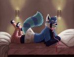 anthro bed biped blue_body blue_eyes blue_fur blue_hair bottomwear clothed clothing crossdressing femboy footwear fur furniture hair legwear male simple_background skirt smile socks solo tail tail_under_skirt thigh_highs thigh_socks tongue tongue_out aviboonika zenith_(zenitho_o) ailurid mammal red_panda 2020 absurd_res hi_res