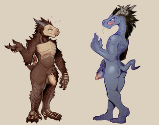 4_fingers 4_toes anthro balls beckoning black_hair bodily_fluids brown_balls brown_body brown_fur butt claws duo erection feet fingers flaccid foreskin fur genitals gesture glans grey_body grey_skin hair half-closed_eyes horn humanoid_genitalia humanoid_penis licking licking_lips long_foreskin looking_at_viewer male male/male narrowed_eyes penis pink_glans plantigrade pubes retracted_foreskin simple_background sweat tail tan_body tan_penis tan_skin toes tongue tongue_out unretracted_foreskin daftpatriot dark_souls fromsoftware mythology dragon dragonoid_(dark_souls) mythological_creature mythological_scalie scalie 2020 hi_res