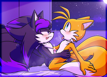 bangs bed_sheet bedding bedroom blue_eyes blush bodily_fluids cum duo fangs fluffy fluffy_tail fur genital_fluids inner_ear_fluff male male/male multi_tail penetration penile penile_penetration purple_body purple_eyes purple_fur quill_hair shaking simple_background sweat tail teeth tuft yellow_body yellow_fur xxkenthewolfxx sega sonic_the_hedgehog_(series) fan_character miles_prower canid canine fox mammal absurd_res hi_res