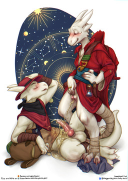 anthro anthro_peeing balls bandage bandaged_foot bandaged_tail biped blush bodily_fluids bottomless bottomless_anthro bottomless_female bottomless_male claws clothed clothing duo erection eyes_closed female female_anthro female_peeing female_peeing_on_male finger_claws genital_fluids genitals hat headgear headwear horn kerchief knot looking_pleasured lying male male/female male_anthro mouth_closed neckerchief neckwear non-mammal_balls non-mammal_vulva on_back open_mouth peeing peeing_on_another peeing_on_penis penis pink_eyes pink_vulva red_clothing red_hat red_headwear red_penis red_robe robe tail text urine urine_on_belly urine_on_penis urine_stream vulva watersports white_balls white_body wizard_hat the_gentle_giant siffo kobold scalie 2026 absurd_res digital_media_(artwork) english_text hi_res