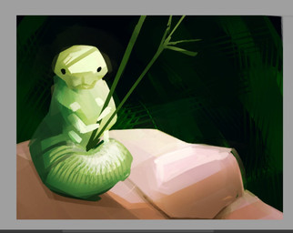 ambiguous_gender black_eyes border feral front_view green_body grey_border looking_at_viewer multi_limb plant rock simple_background solo rekkadraws arthropod caterpillar insect larva 2026 digital_media_(artwork) digital_painting_(artwork) english_description full-length_portrait painting_(artwork) portrait