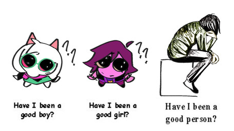 ambiguous_gender anthro barefoot biped clothed clothed_anthro clothed_human clothing eyewear feet fully_clothed fully_clothed_human glasses good_boy good_girl green_clothing green_robe group hair head_tuft high-angle_view looking_at_viewer looking_up looking_up_at_viewer philosophy pink_body pink_scales pink_scarf pleading_eyes purple_hair question_mark red_sclera robe scales scarf side_view sitting text trio tuft wearing_glasses prxnce07 deltarune fototeta the_thinker undertale_(series) kris_dreemurr ralsei susie_(deltarune) bovid caprine darkner goat human mammal reptile scalie 2025 digital_drawing_(artwork) digital_media_(artwork) english_text hi_res female_(lore) male_(lore)