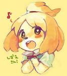 anthro black_eyes blonde_hair blush female fur hair kemono open_mouth solo text yellow_body yellow_fur mabo_(artist) animal_crossing nintendo isabelle_(animal_crossing) canid canine canis domestic_dog mammal shih_tzu toy_dog translated