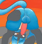 anthro anus ass_up backsack balls blue_body blue_fur blush butt canid canine digital_media_(artwork) erection fur generation_4_pokemon genitals hi_res looking_at_viewer lucario male mammal nintendo penis pokemon pokemon_(species) simple_background solo stretched_anus swoomy tail