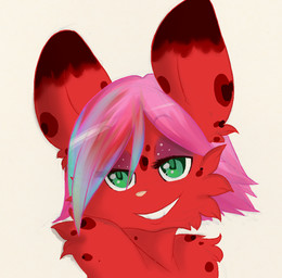 female fur green_eyes hair half-closed_eyes looking_at_viewer narrowed_eyes pink_hair red_body red_fur smile solo suchi suchi_(character) hybrid low_res source_request