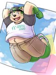 anthro backwards_baseball_cap backwards_hat baseball_cap belly bottomwear clothing fur green_body green_fur hat headgear headwear jumping male shirt shorts slightly_chubby solo t-shirt topwear wristband kemokemumaki lifewonders live_a_hero mokdai canid canine canis domestic_dog mammal