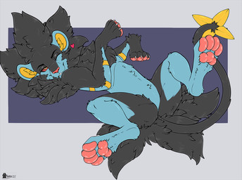 claws fangs featureless_crotch feral fur heart_symbol inner_ear_fluff lying male mane nude on_back one_eye_closed paws solo spread_legs spreading tail teeth tuft wink marcushunter nintendo pokemon generation_4_pokemon luxray pokemon_(species) 2025 signature