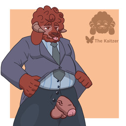 accessory anthro balls barazoku beard belly clothing facial_hair foreskin genitals horn humanoid_genitalia male necktie penis red_body solo suit tongue tongue_out vein veiny_penis the_kaitzer bovid caprine mammal sheep 1:1 hi_res