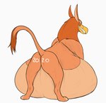 beak belly big_belly butt eyes_closed feral feral_pred fur grin male orange_body orange_fur raised_tail smile solo tail tan_body tan_fur vore thatgryphonguy mythology avian gryphon mythological_avian mythological_creature wingless_gryphon 2020 hi_res