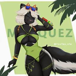 anthro bangs big_breasts black_body black_fur breasts clothing curvy_figure eyes_closed eyewear female fluffy fluffy_tail fur glasses hair navel_outline one-piece_swimsuit short_hair smile solo standing swimwear tail thick_thighs tropical voluptuous voluptuous_female foxtea combat_cat_studio wild_assault marquez_(wild_assault) mammal mephitid skunk 1:1 hi_res
