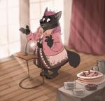 anthro cake clothed clothing dessert detailed_background electronics female food fully_clothed hair microphone obese obese_anthro obese_female overweight overweight_anthro overweight_female pink_eyes pink_hair solo greevixor disney zootopia aurelina_canidae canid canine canis mammal wolf 2016 digital_drawing_(artwork) digital_media_(artwork) hi_res