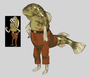 anthro bottomwear clothed clothing different_artstyle dorsal_fin fin fish_tail furgonomic_bottomwear furgonomics green_body green_scales grey_background male partially_clothed scales simple_background solo tail tail_fin topless stivkun fred_(spongebob) aquatic fish