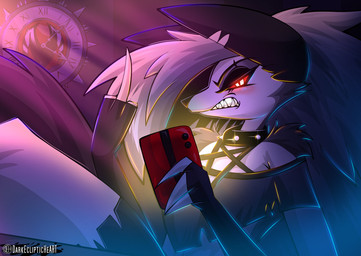 angry anthro bared_fangs bared_teeth cellphone clock clothing collar crop_top electronics female fingerless_gloves gesture gloves hand_gesture handwear middle_finger phone shirt smartphone solo spiked_collar spikes teeth topwear darkeclipticheart hellaverse helluva_boss mythology loona_(helluva_boss) canid canid_demon canine canis demon hellhound mammal mythological_canine mythological_creature hi_res