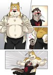absurd_res bottomwear canid canine canis clothed clothing comic domestic_dog embrace eyewear gabshiba glasses hi_res hug male male/male mammal mustelid open_clothing open_shirt open_topwear otter pants red_cheeks shiba_inu shirt size_difference slightly_chubby spitz suit text topwear undressing uniform