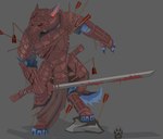 anthro armor arrow_(weapon) biped blood bodily_fluids claws clothed clothing fully_clothed furgonomics grey_background katana laminar_armor male melee_weapon ranged_weapon samurai scabbard simple_background solo standing sword warrior weapon wounded wolfdawg canid canine canis mammal wolf 2017