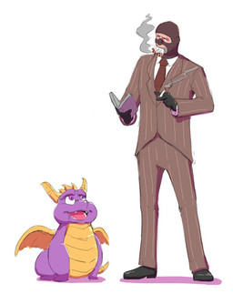 2_horns ambiguous_gender balaclava bottomwear brown_clothing brown_suit cigarette clothing countershading duo eye_contact feral footwear gloves handwear holding_cigarette holding_object horn humor looking_at_another male mask membrane_(anatomy) membranous_wings multiple_cigarettes necktie open_mouth overweight purple_body purple_eyes purple_scales scales shoes simple_background size_difference smoking smoking_cigarette suit topwear white_background wings yellow_body yellow_countershading young young_feral zorofab activision european_mythology mythology spyro_the_dragon team_fortress_2 valve spy_(team_fortress_2) spyro dragon human mammal mythological_creature mythological_scalie scalie western_dragon crossover digital_drawing_(artwork) digital_media_(artwork) full-length_portrait portrait male_(lore)