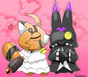 anthro black_body black_fur blush clothing cowl dress duo female fur gun_arm heart_eyes heart_symbol kissing_cheek male male/female orange_body orange_fur weapon_arm wedding_dress phatmon66 bandai_namco digimon digimon_beatbreak chiropmon digimon_(species) pristimon