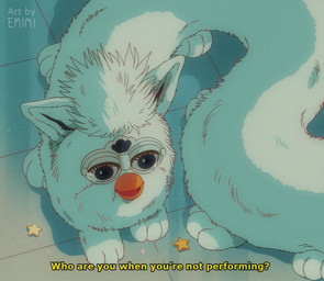 beak bodily_fluids crying existential_crisis eyelashes feral floor fur long_body solo tears text tile tile_floor white_body white_fur emimi furby english_text