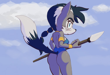 anthro breasts butt clothed clothing female hair jewelry leotard looking_back melee_weapon nipple_outline open-back_leotard polearm rear_view solo spear tail weapon spikeybluething sega sonic_the_hedgehog_(series) lupe_the_wolf canid canine canis mammal wolf hi_res