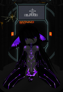 anthro black_body black_hair breasts cable chain chain_leash dark_room electricity electronics female fur genitals glowing glowing_eyes hair imminent_sex innie_vulva kneeling laboratory leash long_hair looking_at_viewer markings metal navel nippel presenting purple_eyes smile solo spread_legs spreading teeth television vulva white_body white_fur silavos made_in_abyss vrchat fan_character domestic_cat felid feline felis mammal narehate hi_res watermark