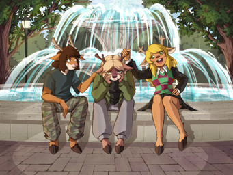 anthro antler_grab antlers barefoot black_clothing black_dress blonde_hair blue_clothing blue_shirt blue_topwear bottomwear brown_body brown_eyes brown_fur brown_nose buckteeth camo camo_bottomwear camo_clothing camo_pants camo_print clothing comforting day detailed_background dress eyelashes feet female fountain fur green_eyes grey_bottomwear grey_clothing grey_pants group grumpy hair hand_on_face hand_on_hip hand_on_shoulder hooves horn jacket long_hair looking_at_another military_pants open_mouth pants park pattern_bottomwear pattern_clothing pattern_pants pink_nose pivoted_ears plant playful public_park red_hair shirt short_hair sitting skirt smile smiling_at_another snout street_lamp tan_body tan_fur teeth topwear tree trio vest water water_fountain unknown_artist deltarune undertale_(series) fan_character noelle_holiday rue_(the-minuscule-task) cervine deer mammal new_world_deer reindeer 4:3 absurd_res hi_res