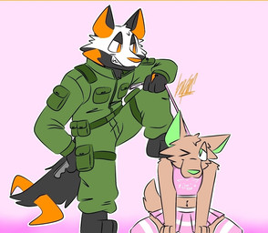 anthro clothing dominant dominant_male duo femboy horn knife leash leash_pull male male/male military_uniform multicolored_body pink_background simple_background submissive submissive_male uniform bafosfornais ruster_(bafosfornais) canid canine canis domestic_dog mammal wolf