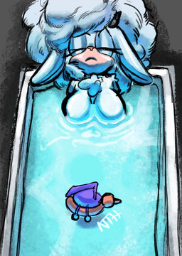 anthro bath big_breasts breasts chest_tuft eyelashes eyes_closed female fur hair horn nude partially_submerged solo tuft water white_body white_fur white_hair n_t_h1 idw_publishing sega sonic_the_hedgehog_(comics) sonic_the_hedgehog_(idw) sonic_the_hedgehog_(series) lanolin_the_sheep_(sonic) bovid caprine mammal sheep 2025 hi_res
